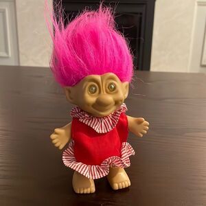 Troll Doll with Pink Hair and Red Dress with White Stripes Excellent Condition